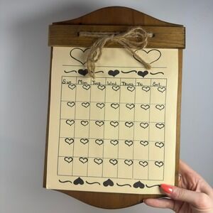 Vintage Rustic Wood Heart Perpetual Wall Calendar Tear Off Paper Pad Jute Bow